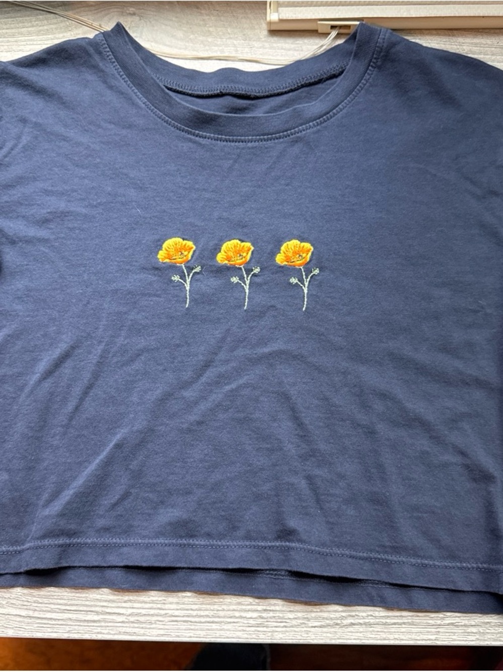 Navy Short Sleeve Kids Tee with Yellow Floral Embroidery